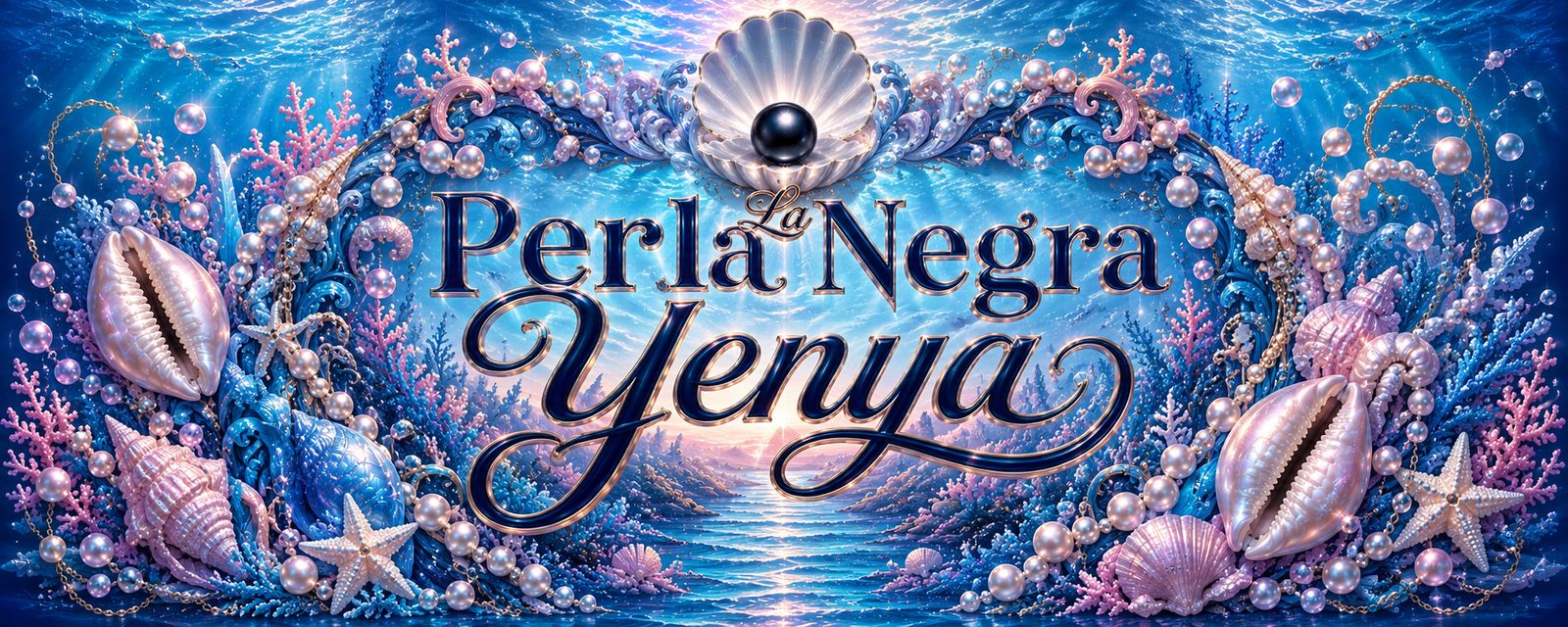 La Perla Negra Yenya: perla negra en una concha sobre el mar, rodeada de caracoles y perlas